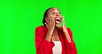 Wow, surprise and an excited black woman on a green screen isolated on a studio background. Happy, shocked and an ecstatic African girl with expression of amazement, good news and excitement