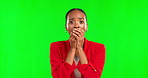Shock, surprise and news with black woman in studio for announcement, gossip and reaction. Wow, mind blown and omg with female gasping on green screen background for crazy, emotion and worry