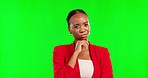 Unhappy, green screen and face of a black woman with doubt isolated on a studio background. Disappointed, sad and portrait of an African woman shaking head for disappointment and frowning with mockup