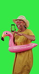 Black woman, phone and mockup green screen for travel or summer vacation against a studio background. Portrait of happy African female with smartphone app or chromakey display for holiday traveling