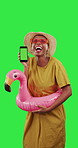 Black woman, phone and mockup green screen for travel sale, discount or winning against a studio background. Portrait of happy African female with smartphone app or chromakey display in celebration