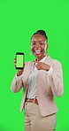 Phone, green screen and woman face isolated on studio background with tracking marker for business website. Professional african person show cellphone or mobile app chromakey, mockup and design space