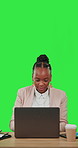 Laptop, writing and a business black woman on a green screen background in studio typing an email, report or proposal. Computer, notebook and research with a female employee thinking about an idea