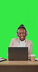 Laptop, headphones and black woman dancing on green screen for business and learning with smile. African female entrepreneur with internet for education or music while working to finish on internet
