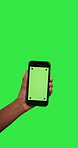 Hands, phone and mockup green screen with tracking markers for advertising against a studio background. Hand of person touching smartphone app with chromakey display for marketing or logo branding