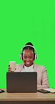Black woman, laptop and headphones with coffee on green screen for business and learning with smile. African female entrepreneur with internet for education or music working to finish with mockup