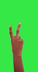 Green screen, showing and a peace hand for a sign isolated on a studio background. Carefree, greeting and an arm of a person with an emoji gesture, mockup space and communication on chromakey