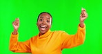 Face, green screen and black woman with celebration, dance and happiness against a studio background. Portrait, African American female and happy lady with smile, dancing and movement for achievement