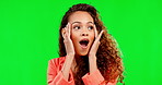 Woman, face and surprised or wow on green screen background for announcement, sale or promotion. Female model person shocked or excited thinking about achievement or news for discount mockup space