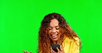 Phone, winner and celebration of woman on green screen in studio isolated on a background. Success, cellphone and happy female celebrating winning lottery, prize or good news, competition or bonus.