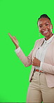 Presentation, talking and black woman on a green screen for news isolated on a studio background. Mockup, showing and an African reporter speaking on a broadcast, making an announcement and teaching