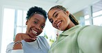 Selfie, friends and face of black women with funny, comic and happy expression for social media post. Emoji, friendship and portrait of girls smile for video memory, profile picture and vlog at home