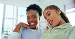 Selfie, friends and face of black women with happy, comic and funny expression for social media post. Emoji, friendship and portrait of girls smile for video memory, profile picture and vlog at home