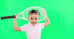 Children, tennis and a girl on a green screen background in studio for sports, recreation or fun.  Portrait, kids and fitness with an adorable little female child or athlete on chromakey mockup