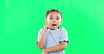 Face, green screen and child in studio with idea, answer or solution, happy and excited on mockup background. Portrait, wow and girl with surprised, emoji and lightbulb moment or eureka isolated