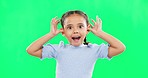 Green screen, face and child with tongue out, crazy and comic, silly or goofy on mockup background. Portrait, faces and girl with different expression, emoji and funny, fun or playing game gesture 
