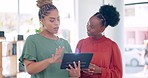 Tablet, hands and women partnership for planning, collaboration or discussion for goal, mission or strategy. Black woman, leader or team talk with touchscreen ux in modern office for idea development