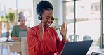 Customer support, laptop video call and black woman talking on telemarketing communication, contact us CRM or telecom. Ecommerce consulting, wave hello or tech support consultant on online webinar