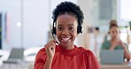 Customer service, talking consultant and happy black woman telemarketing on ecommerce, contact us CRM or telecom. Coworking call center, video call portrait and tech support consulting on headset