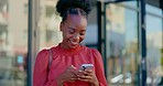 City, phone and black woman with happiness from mobile text and social media scroll. Happy, urban and smile of a African business employee outdoor with digital chat and web networking on sms