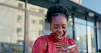 Phone call, surprise and excited black woman celebrate for good news, achievement or winning worldwide competition. Wow, winner celebration abd urban city person happy for success, bonus or 5g reward
