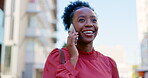 Phone call communication, city walking or black woman on conversation, discussion or consulting with 5g networking contact. Work commute, urban Chicago and business person talking, speaking and chat