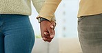 Holding hands, black couple and home of a woman and man together showing love, trust and support. House, marriage and happy African people with blurred background, hope and care in a household