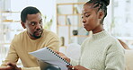 Stress, finance and couple with bills document in home while arguing about loan, mortgage or debt. Black man and woman with financial problem or paperwork for planning savings or investment fail