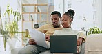 Black couple, home laptop and web banking of young people planning savings and investment info. Happiness, smile and digital investing and insurance plan of a woman and man on a living room sofa