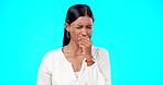 Woman, coughing and sore throat in studio by blue background with medical, health or wellness problem. Young gen z girl, indian model and sick with hand on mouth for cough, healthcare or allergies