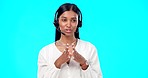 Call center, telemarketing or Indian woman in studio for communication isolated on blue background. Customer services, crm or b2b girl in headset helping, talking or explaining at technical support
