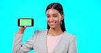 Chroma key, green screen and businesswoman holding phone for product place, branding and mobile app advertising. Smile, happy and portrait of professional female isolated in a studio blue background