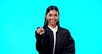 Face, Indian woman and lawyer pointing to you, judge and legal proceeding against a blue studio background. Portrait, female employee and lady with mockup, attorney and show promotion with confidence
