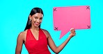 Happy woman, blowing kiss and social media speech bubble for opinion, marketing space or brand advertising. Product placement portrait, branding tracking markers and person on blue background studio