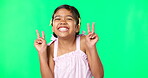 Children, peace and the portrait of a girl on a green screen background in studio with a hand gesture. Kids, happy or emoji with an adorable and playful little female child on chromakey mockup