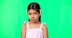 Sad, depression and face of child on green screen with upset, disappointed and unhappy facial expression. Portrait, mockup studio and isolated young girl with sadness, problem and moody for attention