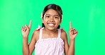 Face, pointing and black girl with motivation, green screen and inspiration with joy, happiness and space. Portrait, African American female child or young person with gesture for direction or choice