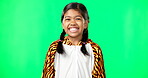Green screen, smile and excited child in a tiger costume feeling happy, joy and isolated in a studio background. Positive, deal and portrait of girl or female kid with face happiness for promotion