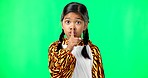 Secret, green screen and face of a child in studio with her finger on her lip for a quiet gesture. Noise, young and portrait of girl kid posing with silence or hush hand sign by chroma key background