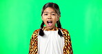 Tired, sleepy and face of a child yawning on a green screen isolated on a studio background. Bedtime, lazy and a portrait of a girl kid with a yawn for fatigue on a backdrop with mockup space