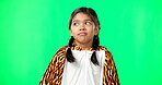 Children, thinking and sigh with a girl on a green screen background in studio feeling bored. Kids, portrait and bored with a little female child on chromakey mockup feeling confused or alone