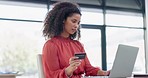 Laptop, office and business woman with credit card for internet purchase, payment and online shopping. Fintech, ecommerce and happy female worker on computer for digital banking, invest and finance