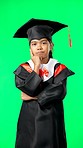 Graduation, education and thinking child on green screen for graduate, academy ceremony and award. Primary school, student and portrait of young girl with knowledge, achievement and success in studio