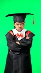 Angry, green screen and the face of a child at graduation isolated on a studio background. Sad, arms crossed and portrait of a girl graduate shaking head in frustration, disappointment and problem