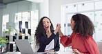 Laptop, success and business women high five to celebrate goals, targets or achievement in office. Winner, wow surprise and happy friends or employees in celebration of winning, promotion and bonus.