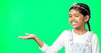 Mockup, green screen and child open hand showing product placement, advertising and logo isolated in a studio background. Smile. happy and portrait of kid excited for promotion, logo or branding
