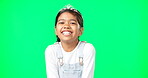 Happy, laugh and face of child in green screen studio for funny, youth and cute. Happiness, positive and smile with portrait of young girl isolated on background for proud, expression and innocent