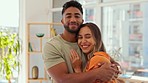 Face, hug and couple moving into new house together, happy and excited for beginning on blurred background. Portrait, love and man with woman embracing in living room, happy and smile in their home