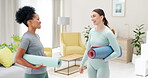 Friends, yoga and women talking in home living room after training, stretching or exercise. Girls, personal trainer and happy black woman chatting with coach for pilates workout for health or fitness