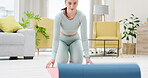 Yoga, home and woman roll mat to start exercise, training or stretching for health, fitness and wellness. Pilates, workout and female yogi rolling rug to get ready or prepare for exercising in house.